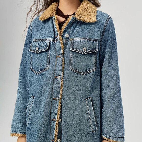 KayBee Pocketed Button Up Denim Jacket with Faux Fur Lining - Picture 1 of 5
